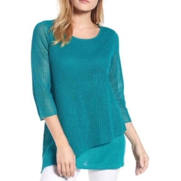 Eileen Fisher Organic Linen Asymmetrical Knit Sweater - Teal Green - Picture 1 of 7